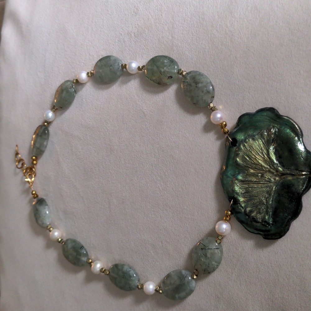 New Green & Gold Leaf Pendant Necklace, Handcrafted, Prenite Gemstones, Pearls - Picture 6 of 10